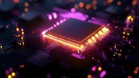 Glowing microprocessor on circuit board with pink and orange light effects, electronic components in dark background with bokeh illumination for tech design.