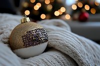 Gold and white ornament resting on cream knit fabric with warm bokeh lights, festive holiday decoration for seasonal celebrations and winter themes.