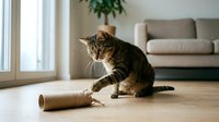 Brown tabby cat playing with cardboard tube on wooden floor in bright living room with sofa and windows, pet entertainment and indoor activity.