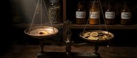 Vintage brass balance scale with gold coins on wooden table in apothecary shop with glass jars, warm candlelight creating atmospheric medieval setting.