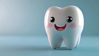 Cute cartoon tooth with happy smiling face on blue background, perfect for dental care advertising and children's oral health education.