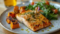 Grilled salmon fillet with fresh herbs, roasted butternut squash cubes and arugula salad on gray ceramic plate, drizzled with olive oil. Restaurant quality meal.