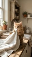Fluffy ginger kitten playing with cream towel on bathroom sink near window, surrounded by potted plants and shelves in bright, minimalist home interior.