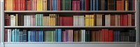 Colorful collection of books arranged by color on wooden bookshelf, creating rainbow spectrum display in library or bookstore.