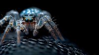 Macro close-up of jumping spider with iridescent blue-green eyes and detailed facial features on dark textured surface against black background.