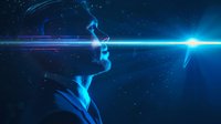 Profile silhouette of person in blue neon light with glowing beam effect against starry dark background, futuristic cyberpunk style digital art concept.