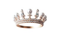 Elegant rose gold crown ring with pearls and crystals on white background, featuring delicate royal design details and luxurious gemstone accents.