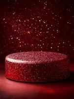 Red glittery round podium on bokeh effect creates magical atmosphere for product display presentation.