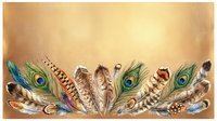 Colorful feather collection with peacock plumes and natural bird feathers arranged on warm golden textured background for bohemian craft projects.
