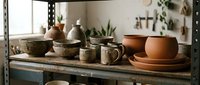 Rustic ceramic and clay pottery collection displayed on wooden shelf with natural light, featuring handmade vessels for home decor and interior styling.