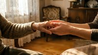 Elderly couple holding hands in warm home interior showing love, care and support in comfortable living room setting.