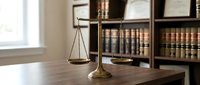 Brass scales of justice on wooden desk in law office with legal books on shelves, representing legal system, courtroom proceedings and attorney workspace.