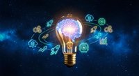 Glowing light bulb with brain and technology icons on dark blue space background representing innovation, artificial intelligence and creative ideas.
