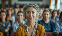 Mature Caucasian woman with braided gray hair and yellow blazer smiling confidently at business conference, with blurred audience in background. Professional development setting.