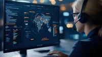 Young female professional monitoring global data visualization on computer screen with world map interface in dark office setting with bokeh lights background.