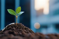 Young green sprout growing from fertile soil against blurred blue background, symbolizing growth, new beginnings and environmental sustainability.