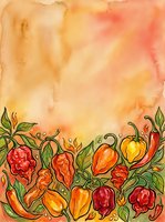 Watercolor illustration of vibrant red, orange, and yellow peppers with green foliage on warm gradient background. Hand-drawn botanical border design for culinary, recipe, and kitchen-themed projects.