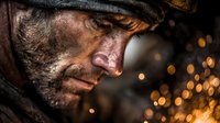 Rugged industrial worker with dirt-covered face and cap in profile against dramatic sparks background, portraying hardship and determination in manufacturing environment.