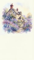 Watercolor cottage with lavender garden and wooden gate in soft purple hues, rustic countryside home with chimney and stone walls for home decor and wall art.