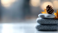 Zen-inspired arrangement with stacked gray stones, autumn yellow maple leaf and pine cone against soft bokeh background, creating peaceful spa atmosphere.