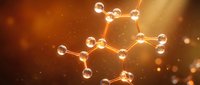 Glowing molecular structure with interconnected atoms and bonds in warm golden light, scientific chemistry concept for research and biotechnology applications.