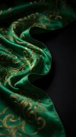 Luxurious emerald green silk fabric with ornate golden baroque patterns flowing elegantly against dark background for premium fashion and textile design.