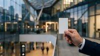 Person holding blank white card in modern urban shopping mall with blurred background, suitable for advertising, marketing campaigns, business promotions, and design mockups.