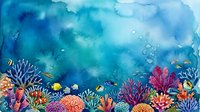 Vibrant underwater coral reef scene with tropical fish swimming among colorful corals in deep blue ocean waters for marine life designs.