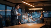 Middle-aged Caucasian businessman in suit interacting with holographic digital interface displaying network icons in modern office conference room.