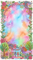 Watercolor gradient background with whimsical floral and decorative border frame featuring flowers, hearts, stars, and stylized figures. Isolated design element ready for greeting cards, posters, and children's artwork projects.