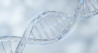 DNA double helix structure with transparent glass effect on soft cloudy background for medical research and genetic science concepts.