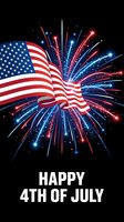 American flag with fireworks display celebrating Independence Day on black background with patriotic red white blue colors for holiday greeting cards.