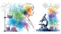 Female scientist in lab coat with colorful watercolor splash background, laboratory equipment, microscope and molecular structures for research concepts.