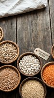 Assorted legumes and grains in wooden bowls on rustic wood surface with plant-based protein label and linen cloth, suitable for nutrition, cooking, and healthy eating content.