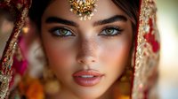 Young South Asian bride in traditional red and gold wedding attire with tikka headpiece and ornate jewelry showcases dramatic makeup and striking blue eyes in closeup portrait.