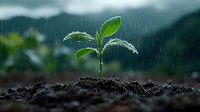 Young green plant seedling growing from soil during rain shower with water drops falling on leaves against blurred mountain background.