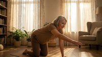 Young blonde woman doing push-ups exercise at home in cozy living room with natural sunlight streaming through curtains during morning workout routine.