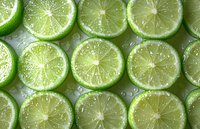 Fresh lime slices arranged in rows with water droplets on white surface, bright citrus fruit pattern showing juicy pulp and rind texture for food background.