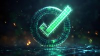 Glowing green checkmark symbol in futuristic circular frame with digital particles and reflective surface, representing approval and verification in technology.