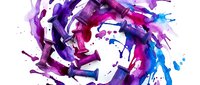 Abstract watercolor splash in vibrant purple, magenta and blue tones creating dynamic swirling motion on white background for creative design projects.