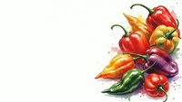 Colorful hot chili peppers collection with red yellow green purple varieties isolated on white background for culinary design and cooking projects.