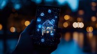 Glowing smart home icons and house hologram on mobile screen with bokeh city lights background at night. Modern home automation concept.