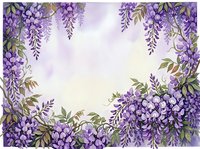 Watercolor wisteria flowers frame with purple blooms and green leaves on soft gradient background for spring wedding invitations and floral designs.