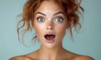 Young redhead woman with freckles expressing surprise and amazement, mouth open wide with shocked expression against blue background, messy bun hairstyle.