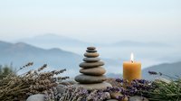 Zen stone stack with burning candle and lavender flowers against misty mountain landscape for meditation, spa treatments and mindfulness practices.