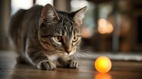 Adorable tabby kitten with striking yellow eyes playing with orange ball on wooden floor in cozy home interior with warm bokeh lighting background.