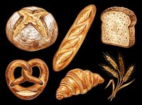 Watercolor bakery set with round loaf, baguette, toast, pretzel, croissant, and wheat ears, isolated on transparent background, ready for stickers, t-shirt design, and print on demand.