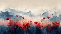 Red poppies in watercolor style against misty mountain landscape background with dramatic sky and splatter effect creates moody atmospheric scene.