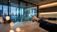 Businessman touching futuristic transparent screen displaying SEO ranking and traffic growth analytics in modern office environment.