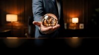 Businessman in formal suit holding glowing golden cryptocurrency coin symbol, representing digital finance, blockchain technology, and investment opportunities in modern business environment.